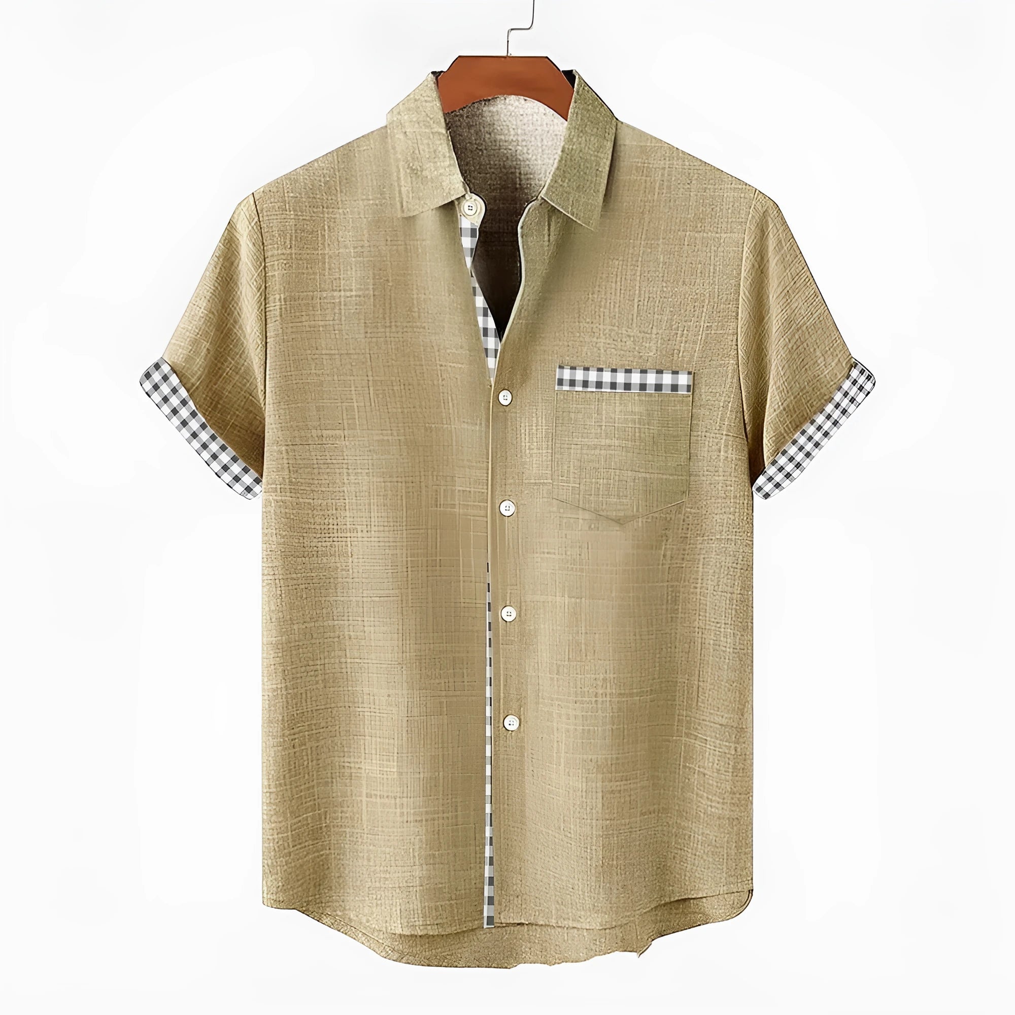 Linen loose-fit short sleeve casual shirt with an ocean fish pattern on the lapel.