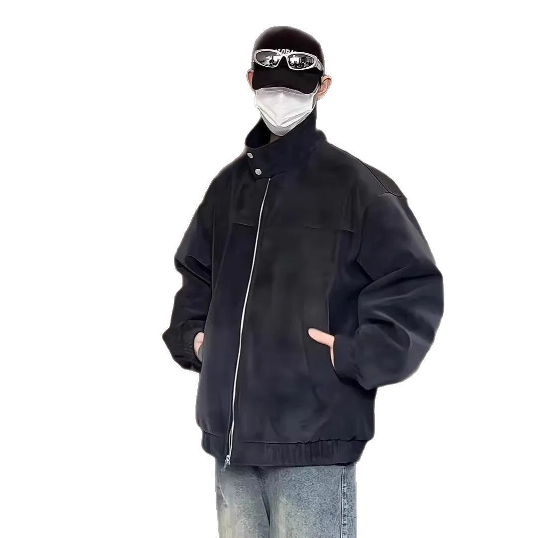 Grey tie-dyed PU leather men's jacket with stand collar, loose fit, and side seam pockets