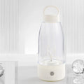 Automatic electric shaker bottle with handle, USB charging port, in green, pink, or white colour options.