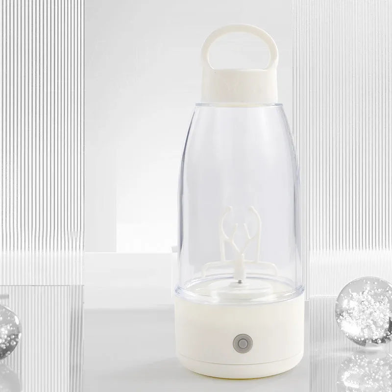 Automatic electric shaker bottle with handle, USB charging port, in green, pink, or white colour options.