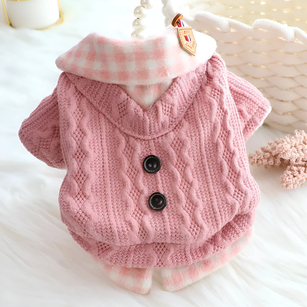 Blue wool plaid dog sweater with fleece lining and fake two-piece design on medium-sized dog
