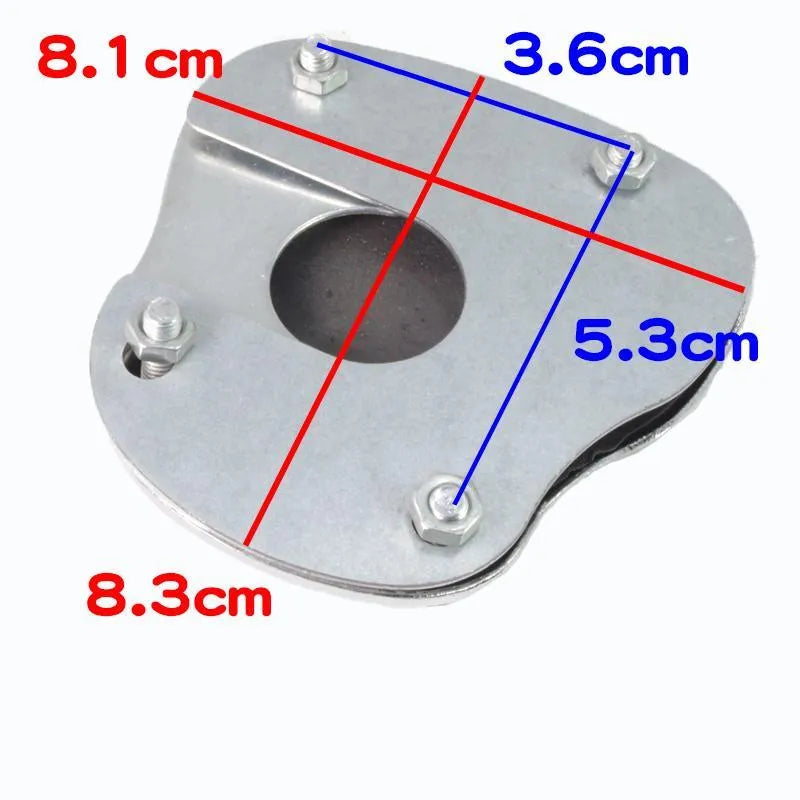 Metal motorcycle brake pedal skid plate shown in a universal fit design for bikes and scooters.