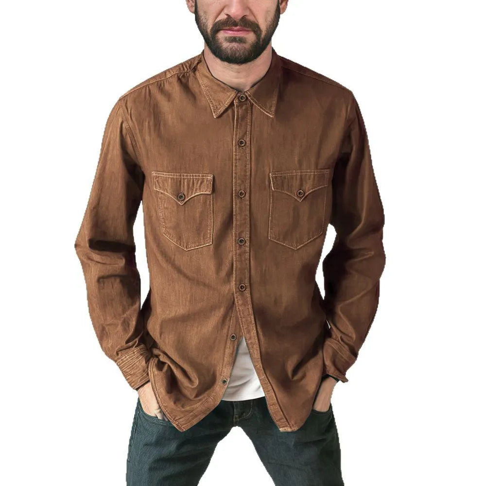 Men's denim cardigan coat in khaki, black, blue, or grey showing cardigan style and regular fit