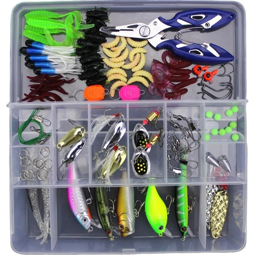 Junior entry-level fishing lure suit set in a black polypropylene storage box with multiple soft plastic baits