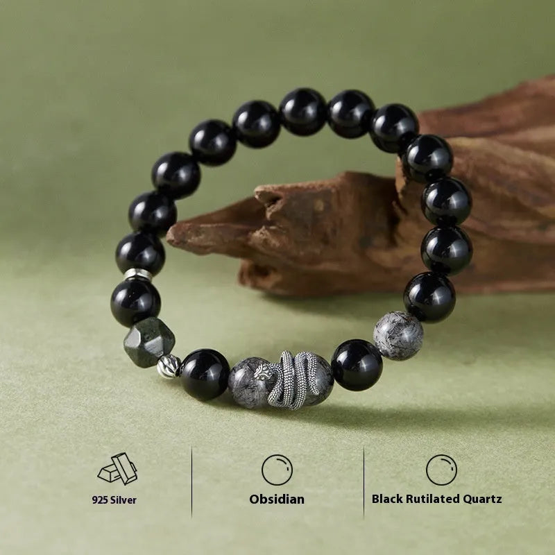 Men's black obsidian snake bracelet in S925 sterling silver with crystal hair detailing