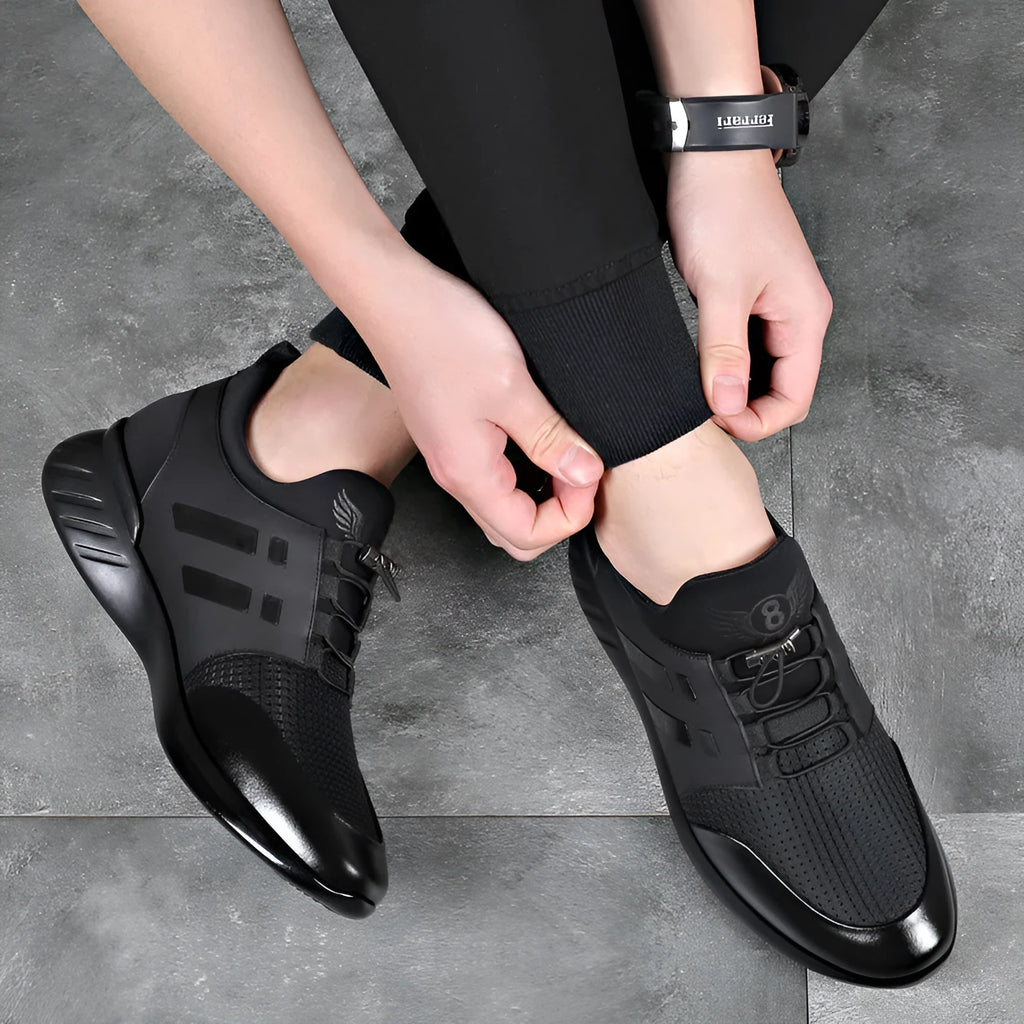 Men's black casual height increasing sneakers in leather, mesh, and Lycra options with low-top round toe design.