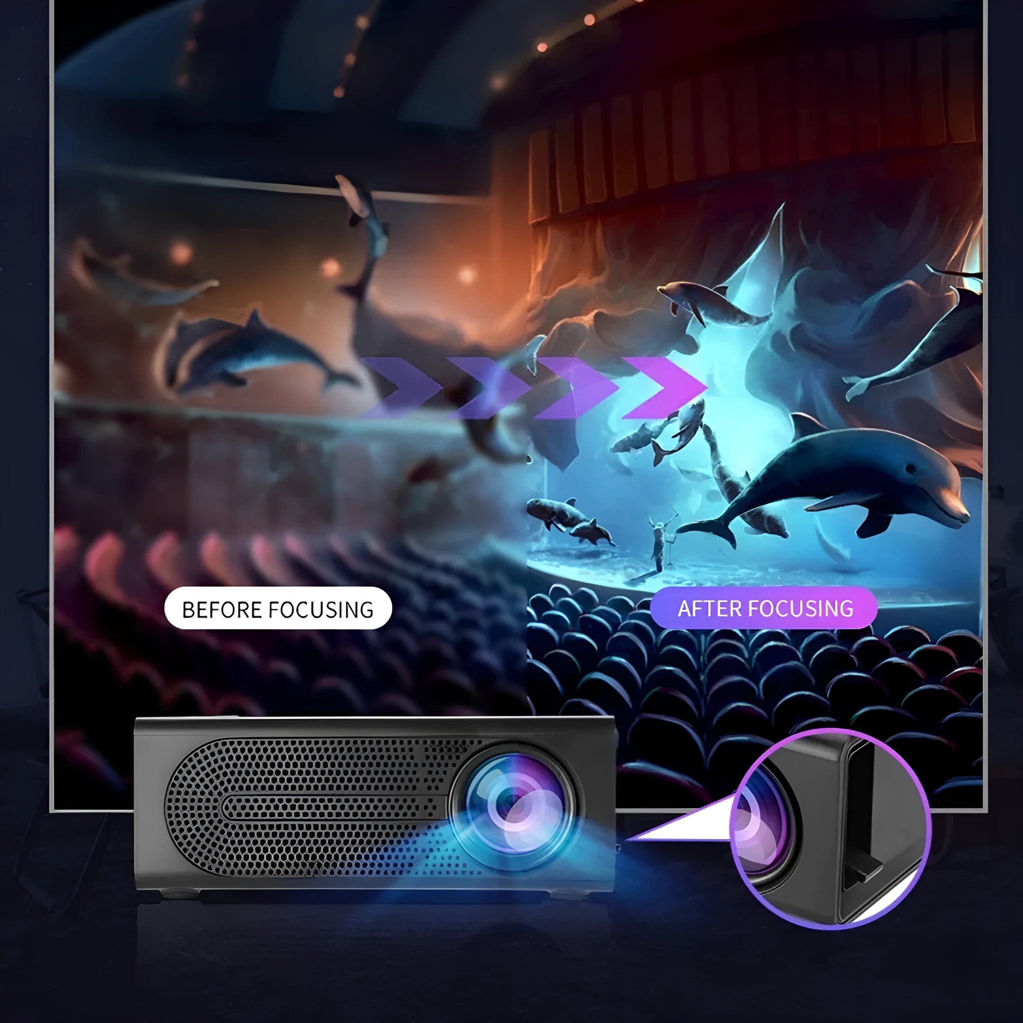 Portable mini projector in black or white colour with mobile phone connection cable