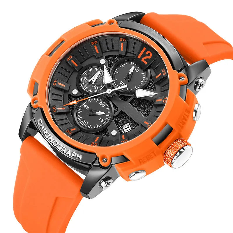 Men's black waterproof quartz watch with luminous display and calendar showing 51mm case