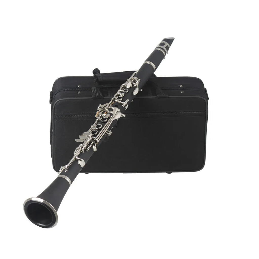 Black Bakelite beginner clarinet with nickel-plated keys beside its included carry bag