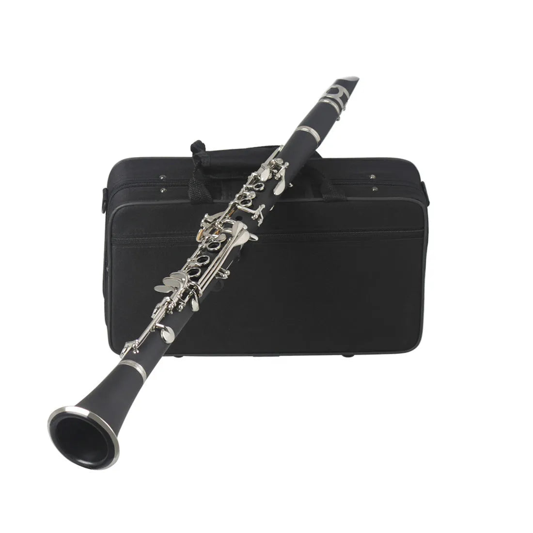Black Bakelite beginner clarinet with nickel-plated keys beside its included carry bag