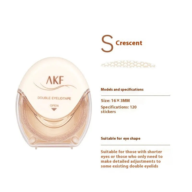 Roll of transparent lace double eyelid stickers in crescent and olive shapes on a clean background