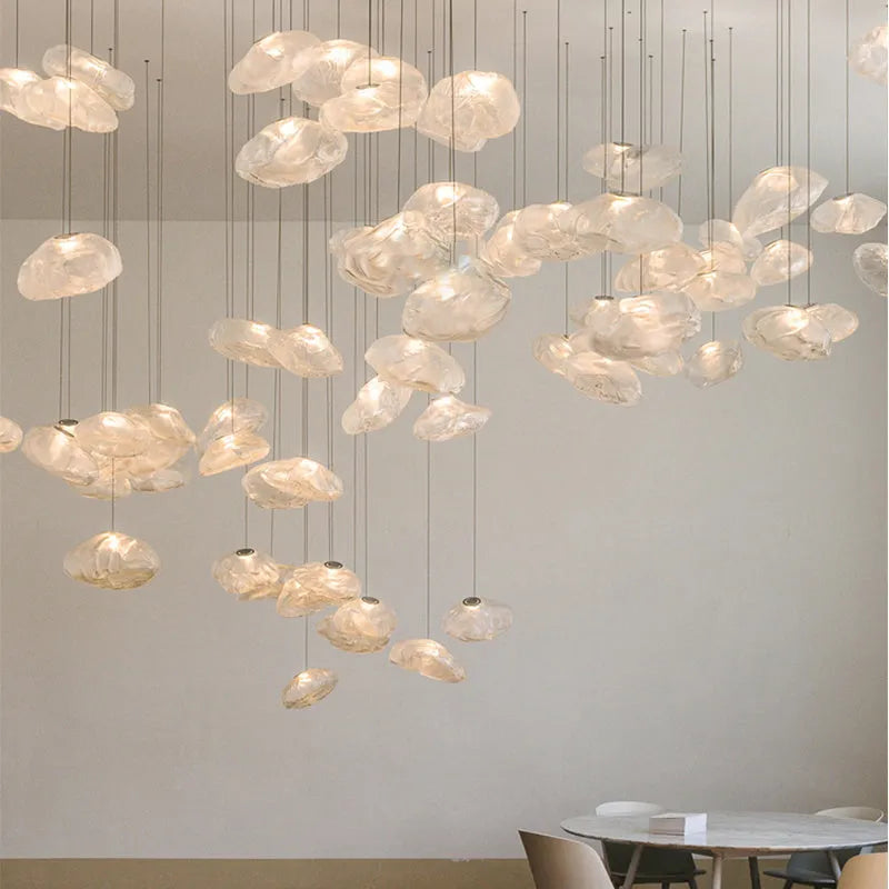 Modern European fabric chandelier with glass shade in amber, clear, or smoke grey colours