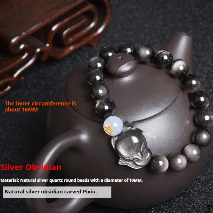 Natural obsidian bracelet with zodiac guardian design and 10mm stone beads