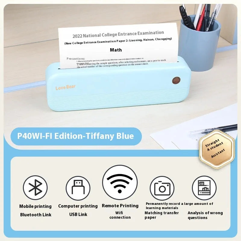 Ailixiong P40 portable thermal printer in Tiffany Blue and white colour options on desk