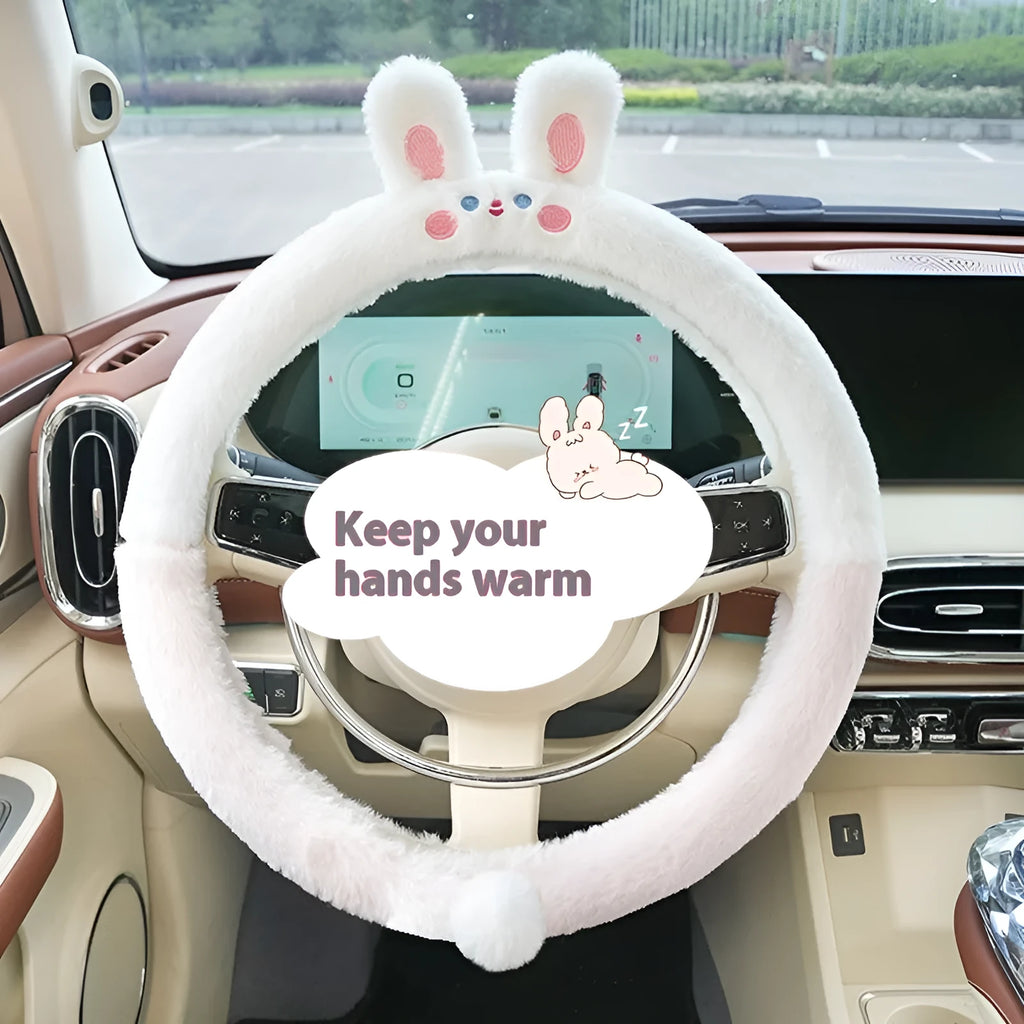 Plush winter steering wheel cover with animal embroidery in 38cm diameter for thermal cold weather driving comfort