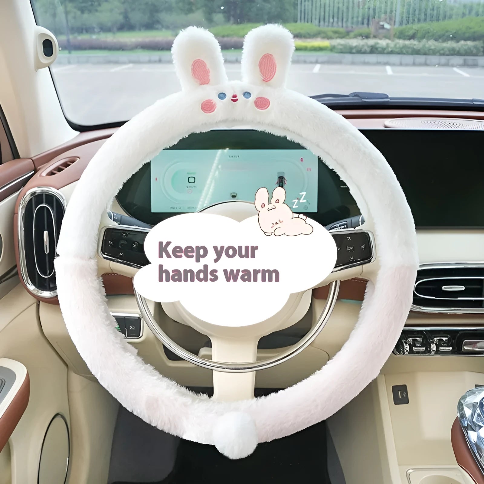 Plush winter steering wheel cover with animal embroidery in 38cm diameter for thermal cold weather driving comfort