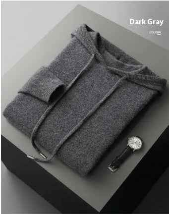 Men's light grey hooded cashmere sweatshirt and matching long pants laid flat as a complete casual winter set.