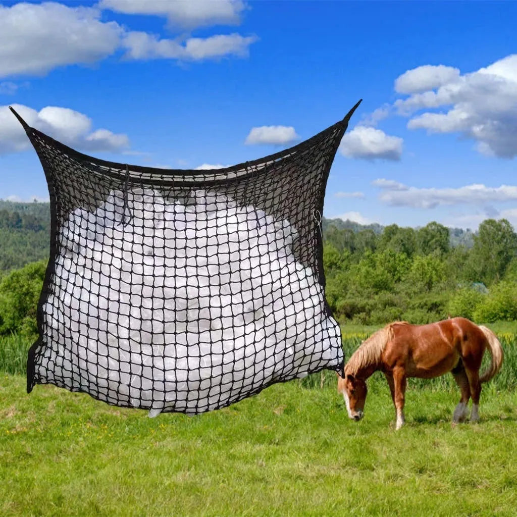 Black woven polyethylene rope hanging feeding bag for horses and cattle