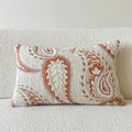 American-style jacquard throw pillow cover with paisley pattern in amber tones, shown in square and rectangular sizes.