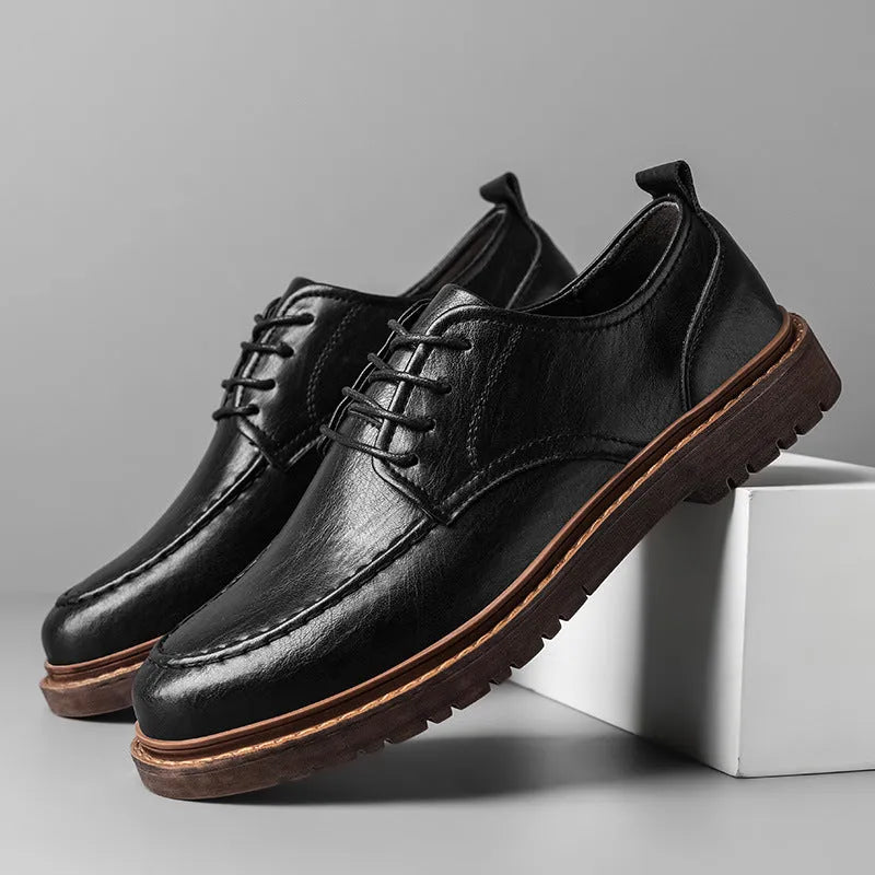 Men's black casual leather shoes with round toe, low-top design and decorative sewing lines