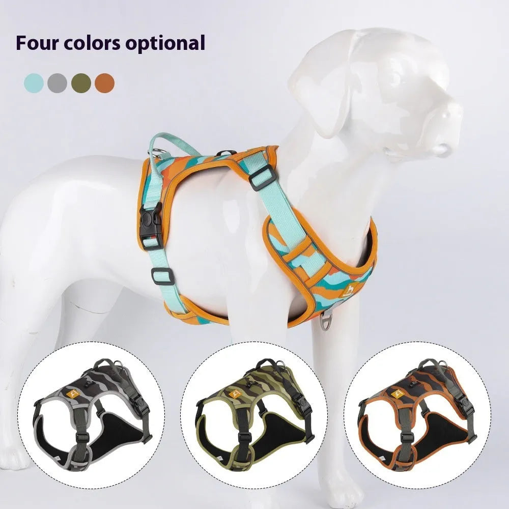 Reflective dog walking harness with chest and back design in oxford cloth construction