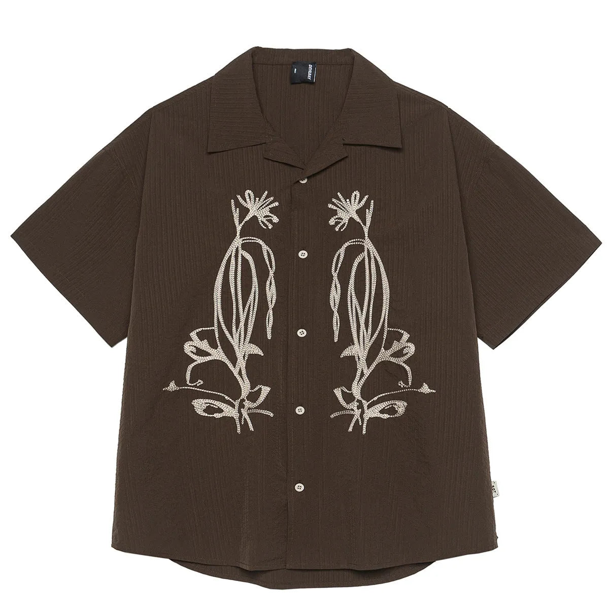 Brown striped Cuban collar short sleeve shirt for outdoor camping.