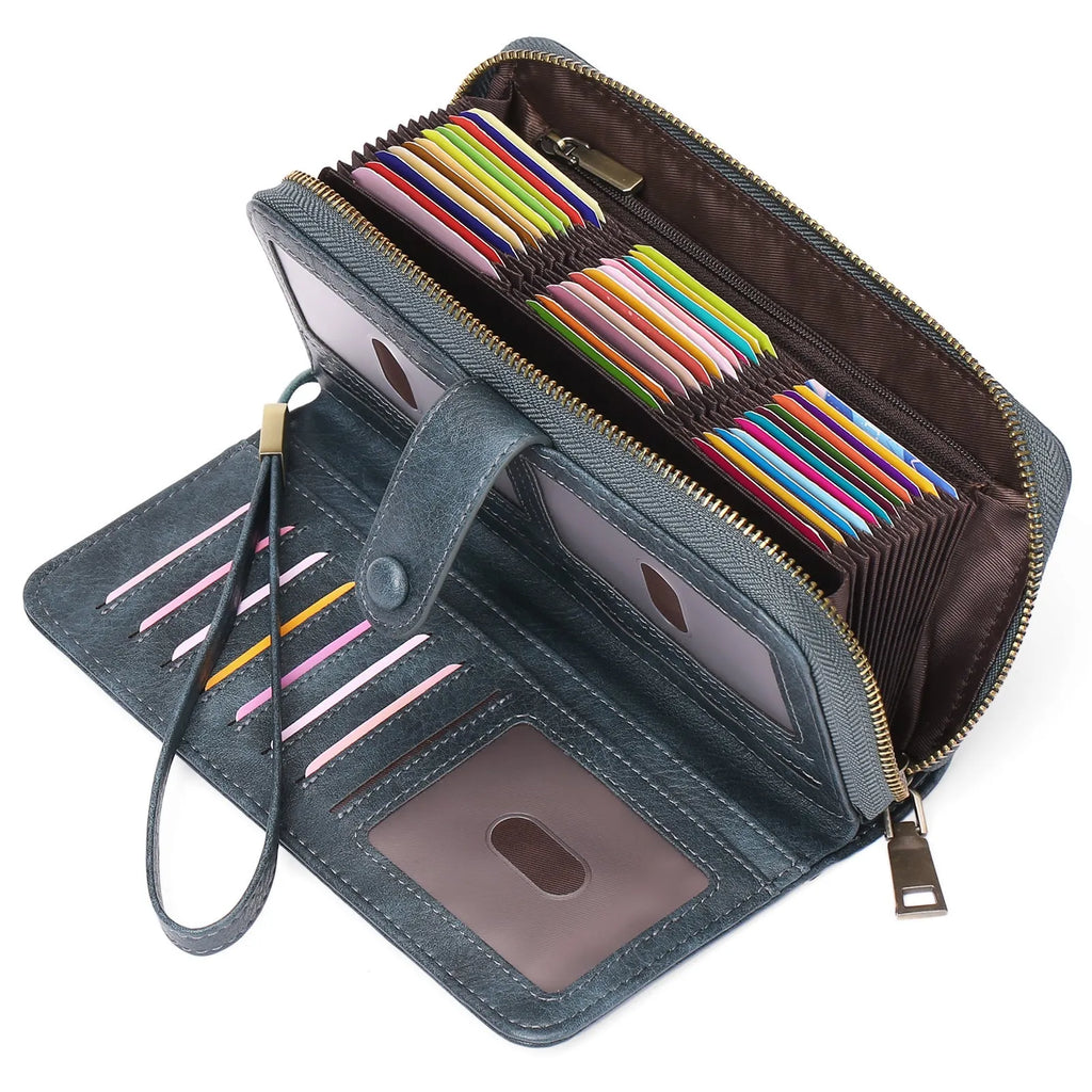 Women's expanding card holder wallet with RFID protection in multiple colour options showing interior compartments