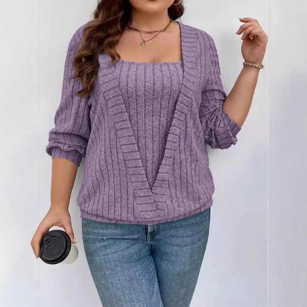 Solid colour rib fabric V-neck false two-piece suit with long sleeves in loose fit