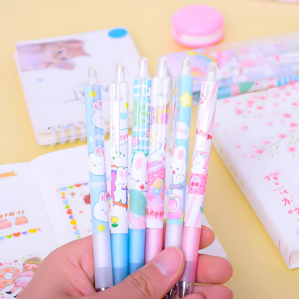 Six black pens with cartoon bunny designs and 0.5mm tips for student writing