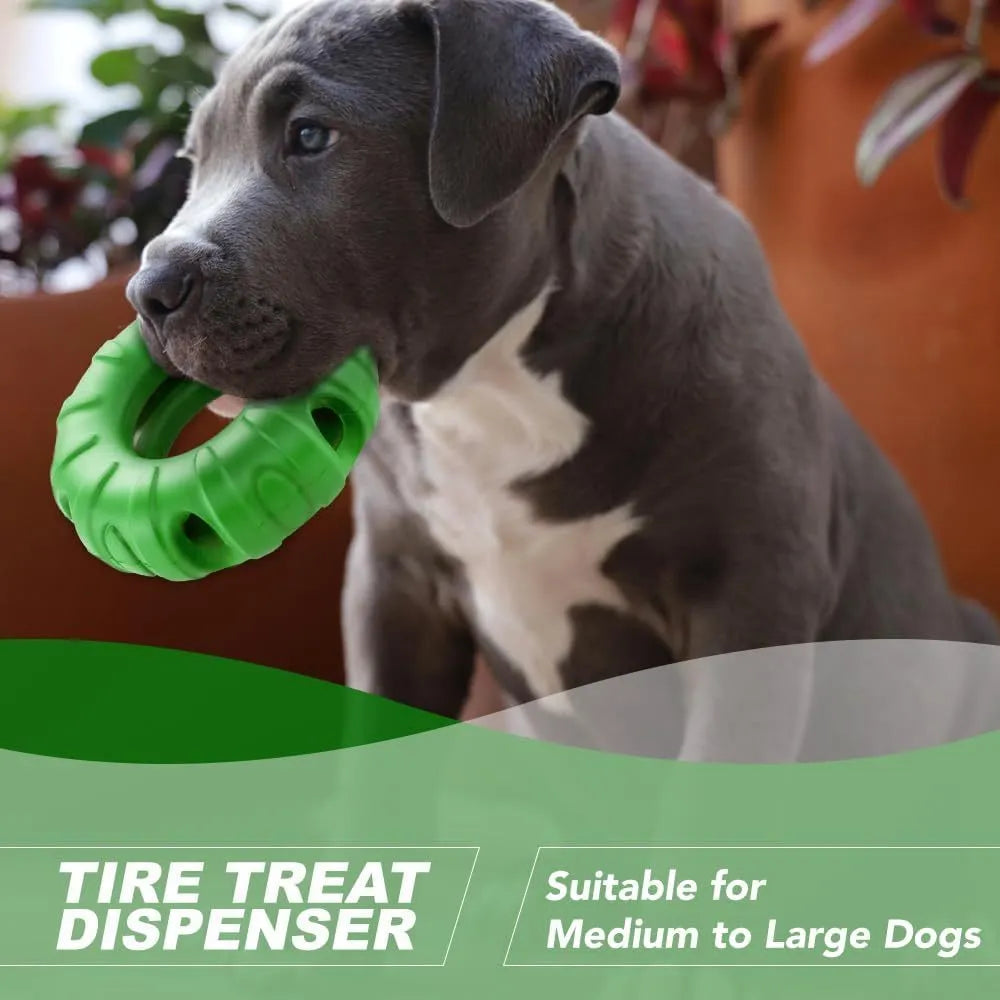 Blue rubber tyre-shaped dog chew toy with six oval openings for treat dispensing