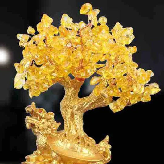 Citrine coloured resin Feng Shui money tree ornament with small water turtle design in Chinese style