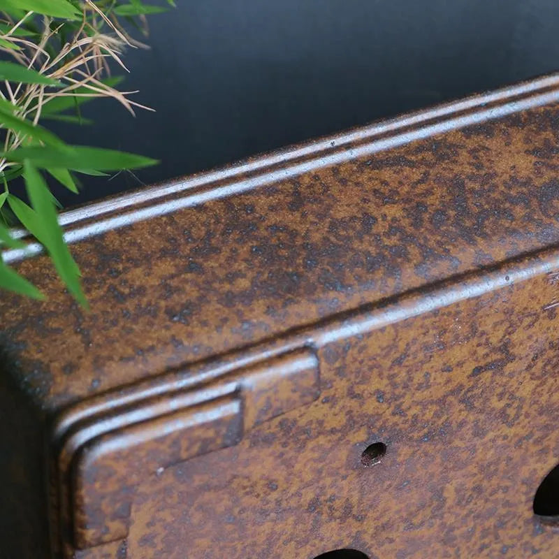 Rectangular purple sand bonsai planter with firewood burning finish and pine cypress boxwood decoration