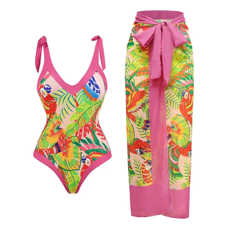 Pink floral print retro women's one-piece swimsuit with V-neck and attached thin skirt