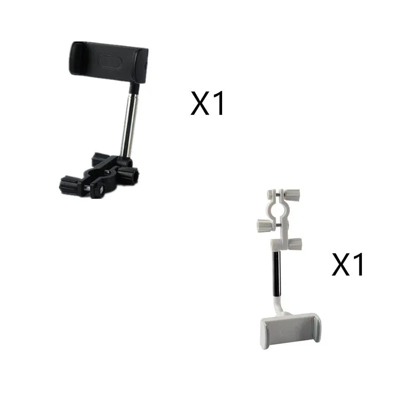 Black mobile phone bracket attached to car rearview mirror holding smartphone
