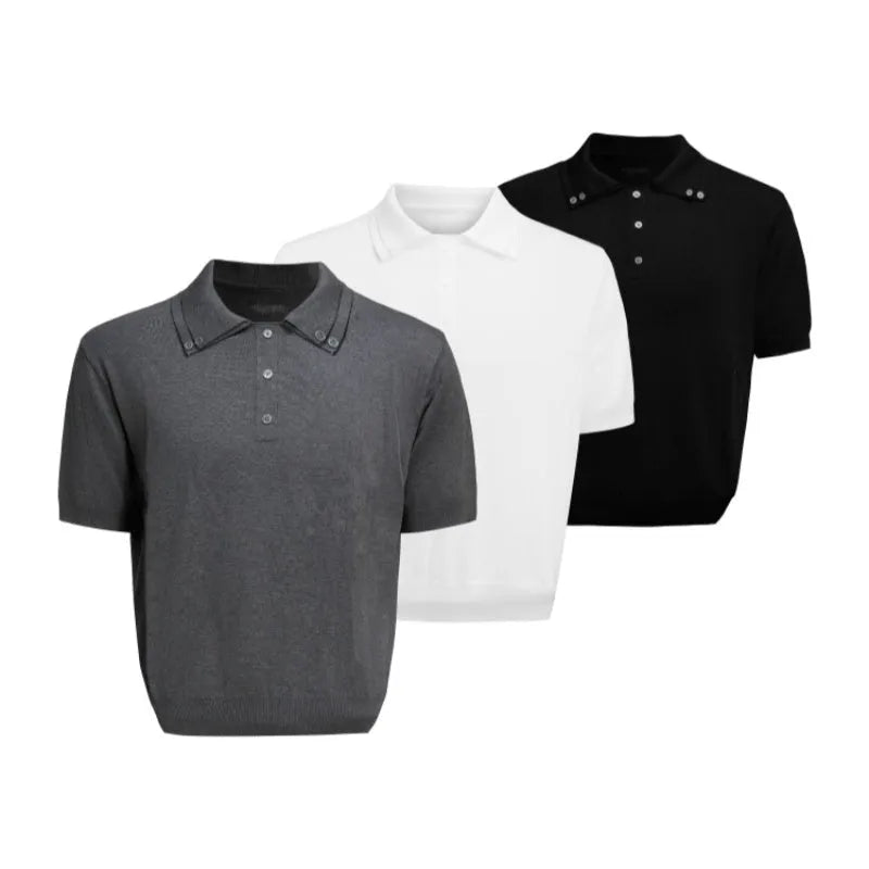 Men's black slim knit short sleeve T-shirt showing double collar design and loose fit