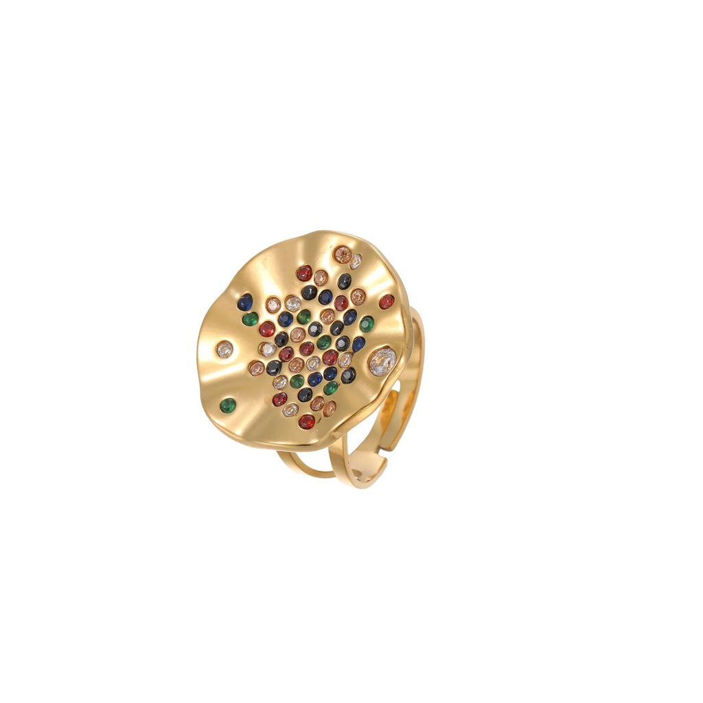 Geometric pleated titanium steel ring with colour diamond inlays and open mouth adjustable design