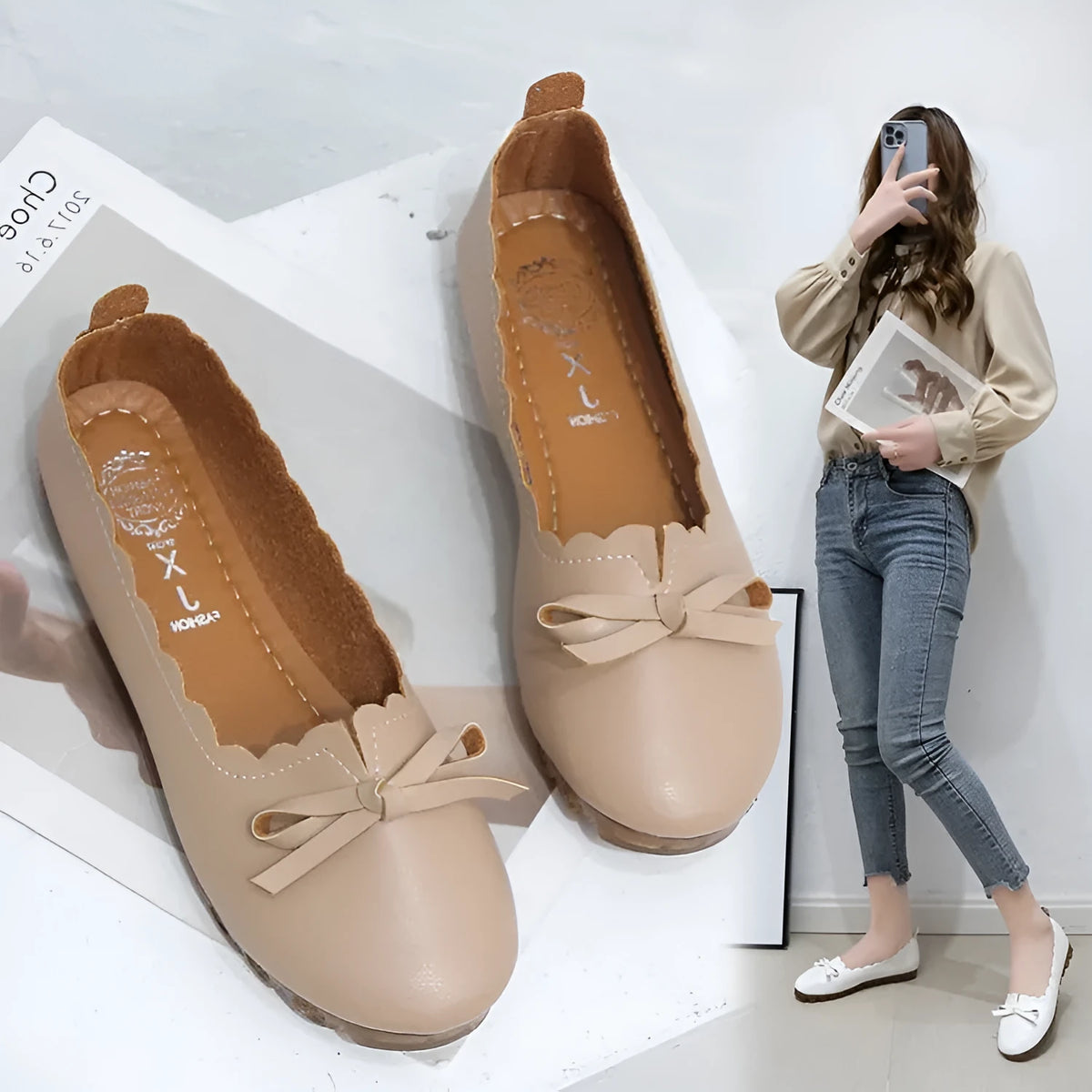 Korean style shallow mouth pumps in white and apricot, flat low heel 1-3cm, round toe, sizes 35-40