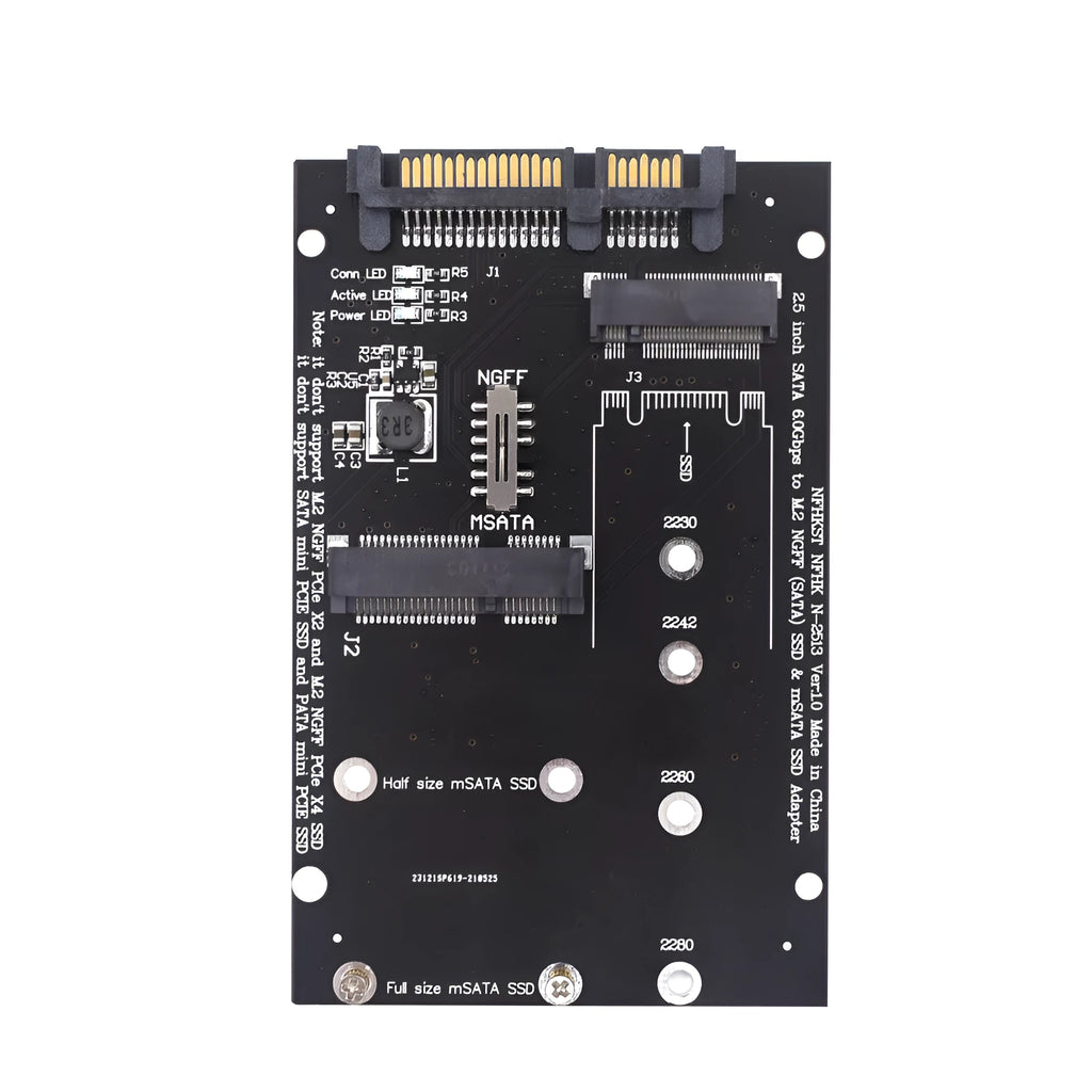 Black or blue SATA3 to M.2 NGFF MSATA SSD conversion card adapter with mounting holes for different SSD lengths