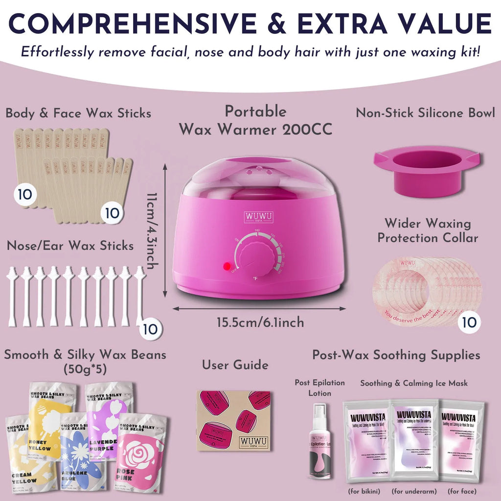 Professional waxing kit with 52 pieces including wax warmer, hard wax beans, applicators and post-treatment products