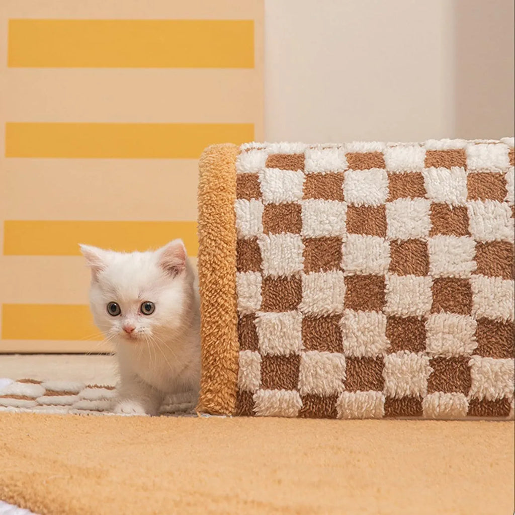 Fan-shaped plush pet bed with integrated tunnel for cats and dogs in Coffee colour, showing thick mat and anti-slip base.