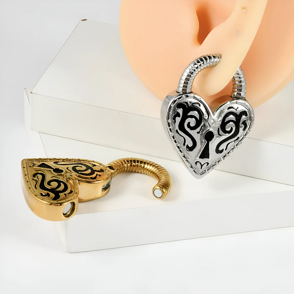 Heart-shaped stainless steel earrings with electroplated gold or steel colour finish