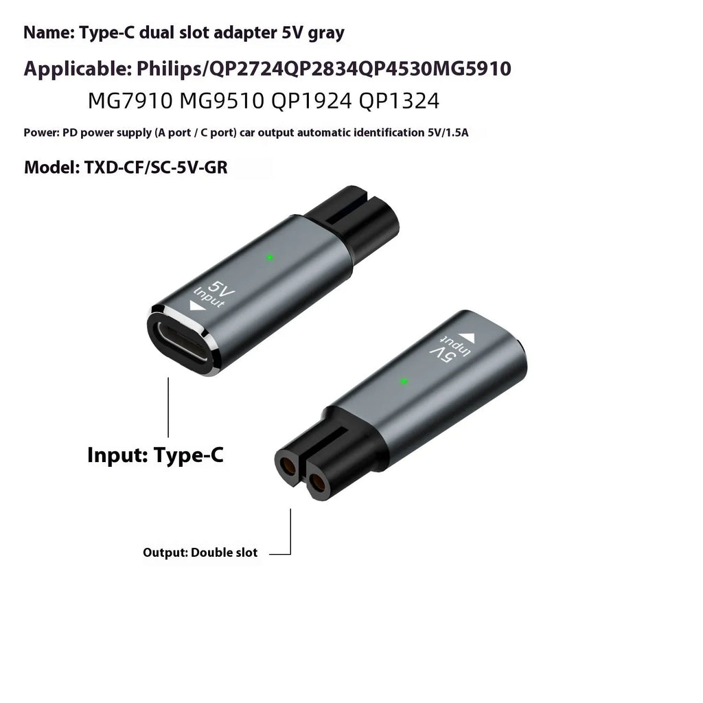 Black USB-C charging adapter for electric shavers with aluminium alloy construction and 4.3V output