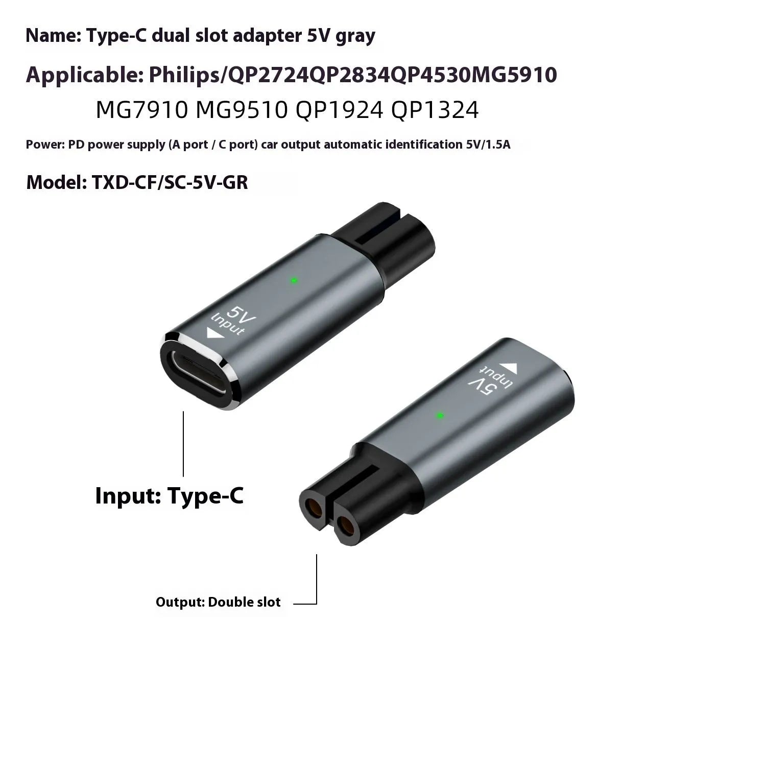 Black USB-C charging adapter for electric shavers with aluminium alloy construction and 4.3V output