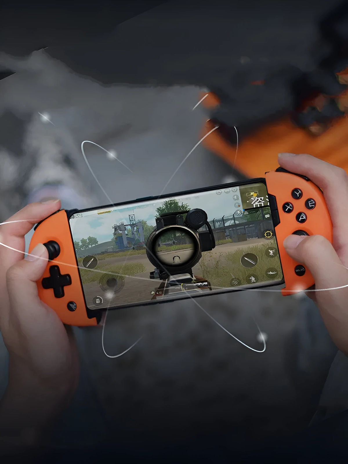 Feizhi Wee2T USB wired mobile game controller in blue or orange with stretch handles.