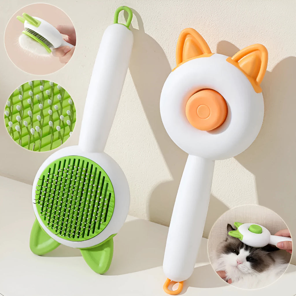 Self-cleaning pet brush with stainless steel bristles in greenish white colour
