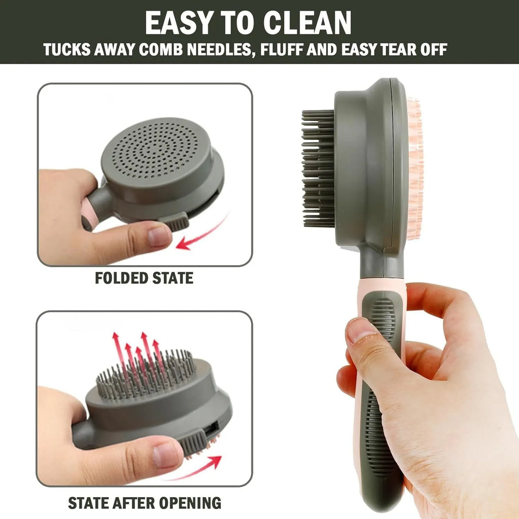 Double sided pink cat grooming brush with release button showing brush and flea comb sides