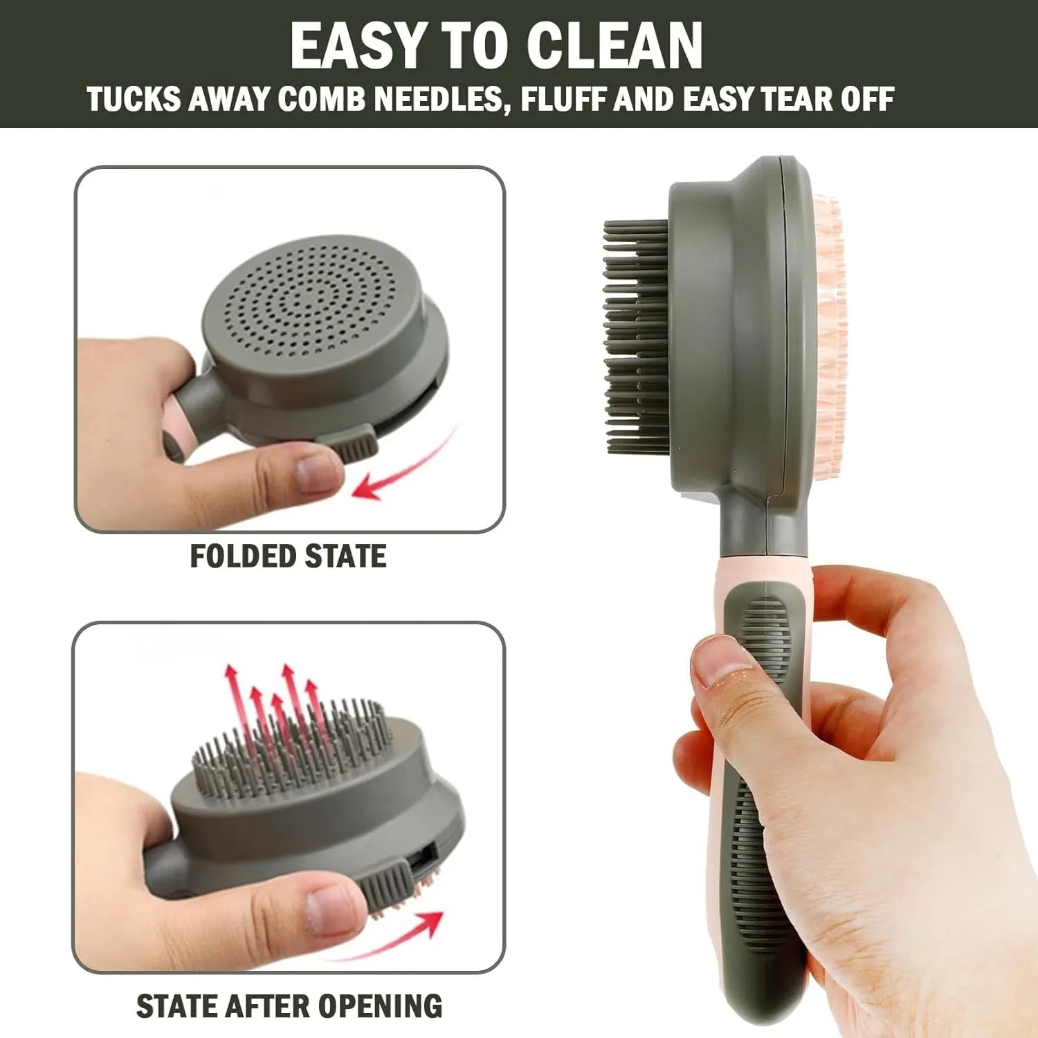 Double sided pink cat grooming brush with release button showing brush and flea comb sides