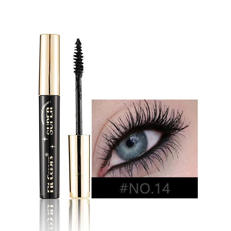 Colourful waterproof mascara tube displaying vibrant shades like wine red, gold, and mermaid green for stage and event makeup.