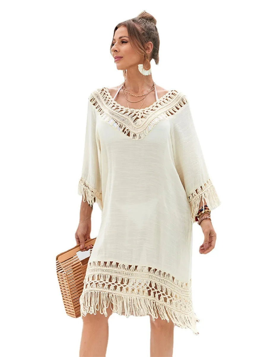 Apricot coloured hand-crocheted women's beach dress with lining.