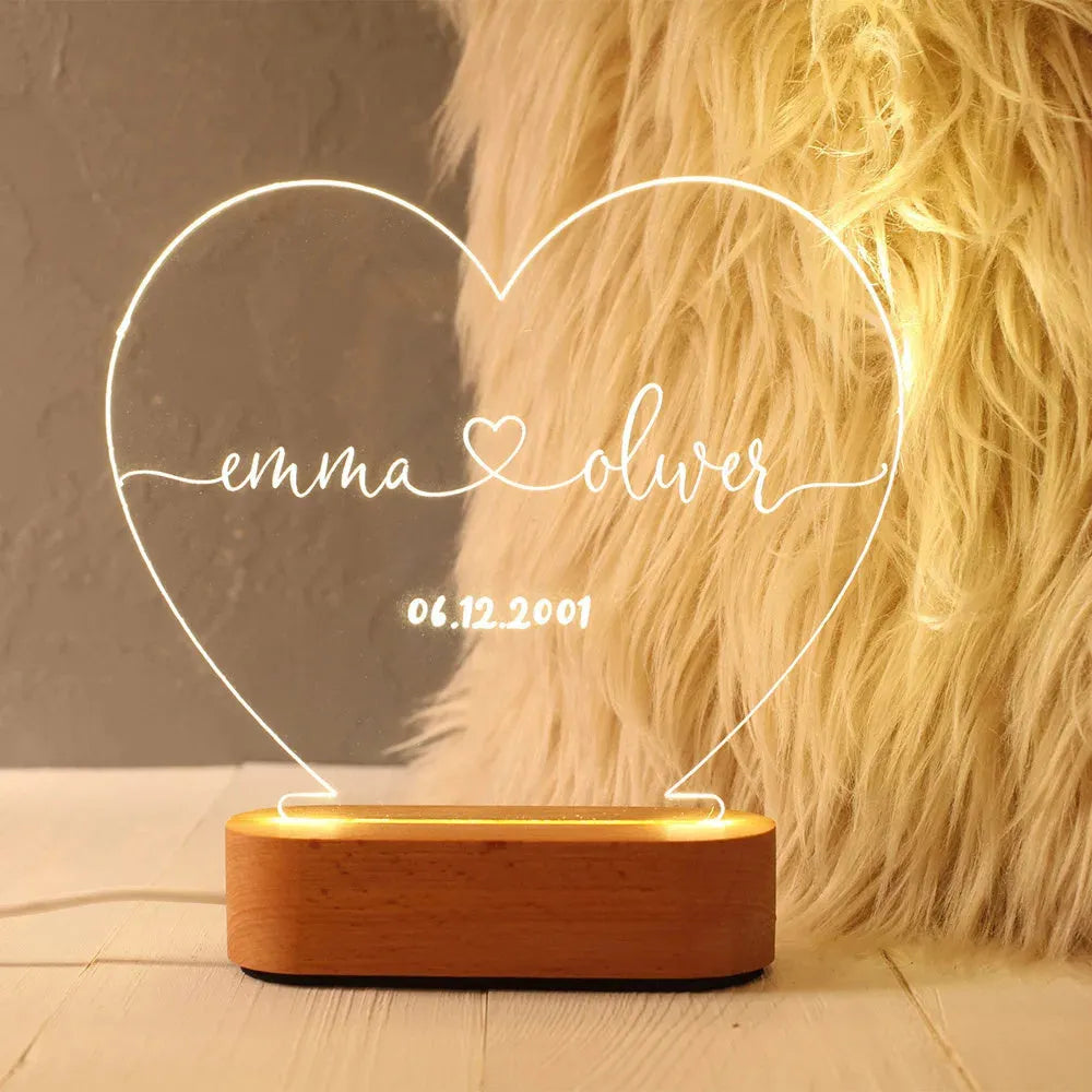 Custom acrylic LED night light with engraved names and date for bedroom